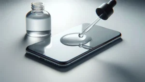 Application process of a liquid screen protector on a smartphone screen, with droplets spread evenly and a sleek dropper bottle nearby on a minimalist surface.