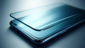 Close-up of a tempered glass screen protector on a modern smartphone, showcasing its thin profile and crystal-clear transparency against a softly blurred gray background.