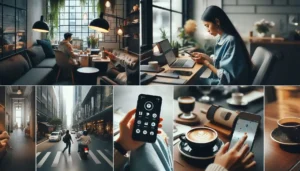 Lifestyle shot showing a person using a smartphone in various settings: at an office desk, in a cafe, on an urban street, and at home for entertainment.